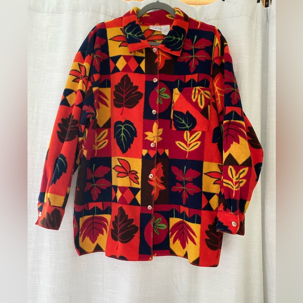 Fall jacket festive BCC leaf print vintage fleece jacket size large